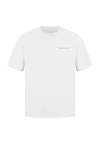 Weißes T-Shirt mit kurzen Ärmeln aus Baumwolle, mit einem kleinen, hellorangefarbenen "Smilodox Sport"-Logo auf der linken Brust.