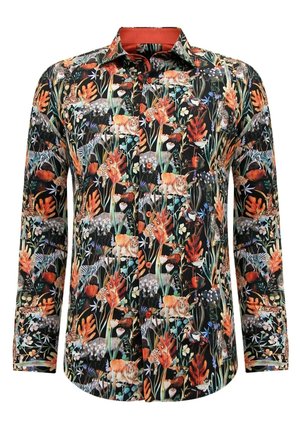 Langærmet shirt van zwart stof met een levendige bloemen- en dierenprint in oranje, groen en blauw. Klassieke kraag en knoopsluiting.