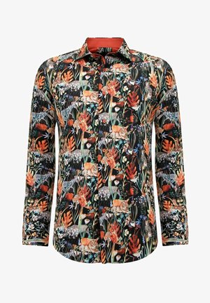 Langærmet shirt van zwart stof met een levendige bloemen- en dierenprint in oranje, groen en blauw. Klassieke kraag en knoopsluiting.