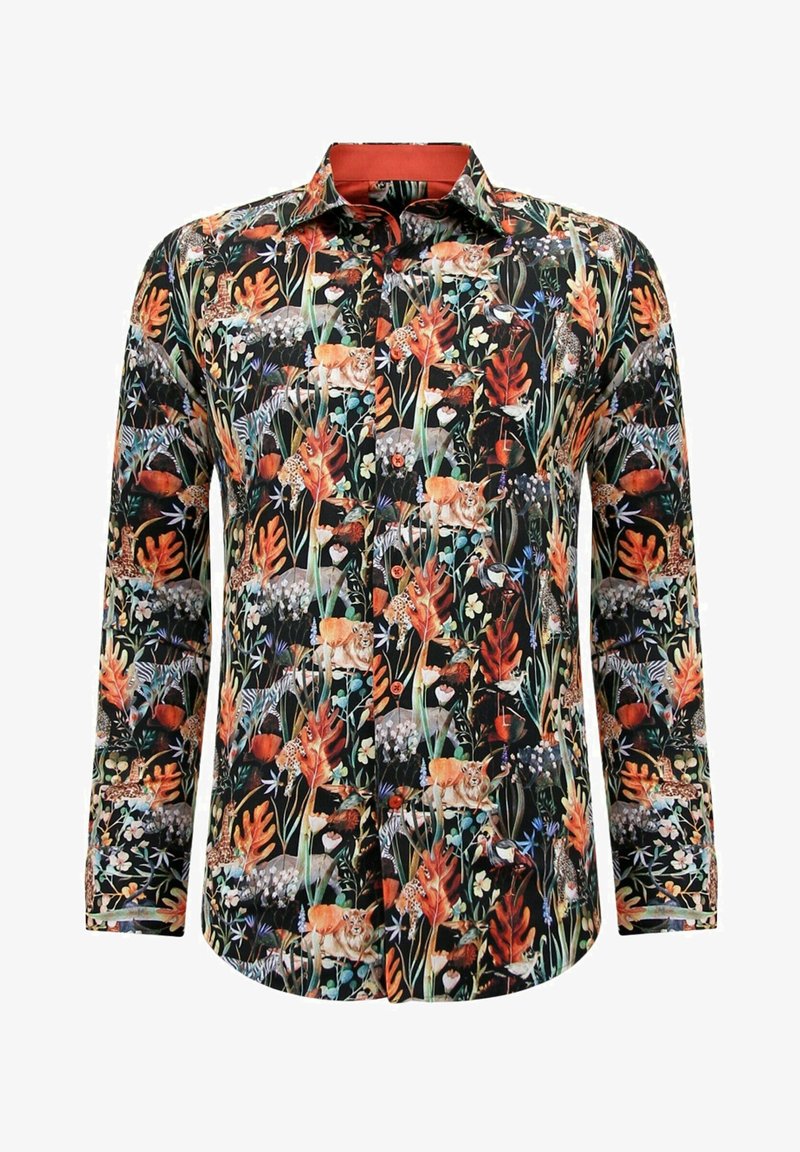 Langærmet shirt van zwart stof met een levendige bloemen- en dierenprint in oranje, groen en blauw. Klassieke kraag en knoopsluiting.