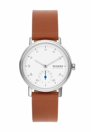 Round silver analog watch with white dial, brown leather strap, silver hour and minute hands, blue second subdial, and "Skagen Denmark" logo.