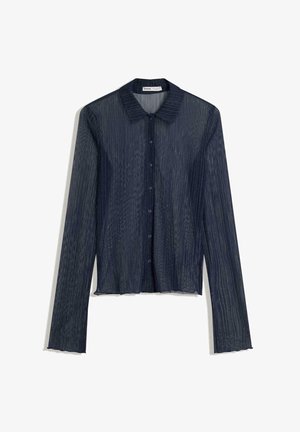 Navy blue sheer button-up shirt with a collar, long sleeves, and subtle vertical stripes. Features a cropped hem and matching buttons.