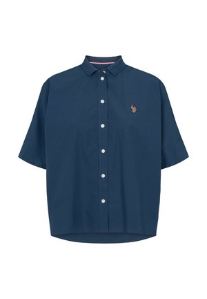 Tumši zila īsroku pogājama krekla ar apkakli un mazu izšūtu polo spēlētāja logotipu kreisajā krūtīs.