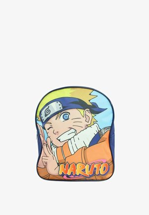 Sac à dos en tissu bleu avec un motif d'un personnage souriant aux cheveux jaunes et portant un bandeau. "NARUTO" imprimé en orange vif en bas.