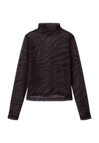 Czarny przejrzysty top z długim rękawem, wzorem w paski tygrysa, półgolfem i krótkim krojem o gładkiej fakturze.