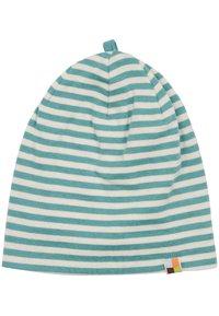 Cappello a beanie a righe in cotone teal e bianco, tessuto morbido, forma arrotondata con un'asola superiore, presenta un piccolo etichetta multicolore sul lato.