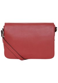 Borsa a tracolla rossa in pelle con texture liscia, forma rettangolare, tracolla regolabile e chiusura a pattina magnetica. Branding minimale visibile.