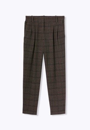 Pantalons à carreaux bruns avec une finition texturée, dotés de plis avant, d'une coupe ajustée et d'une coupe fuselée.