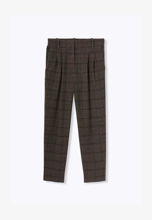 Pantalons à carreaux bruns avec une finition texturée, dotés de plis avant, d'une coupe ajustée et d'une coupe fuselée.