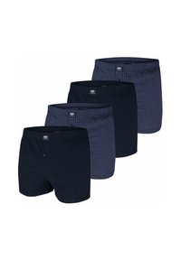 Four pairs of boxers, two solid dark navy, two patterned in dark navy and houndstooth design. Made from soft cotton with elastic waistbands.