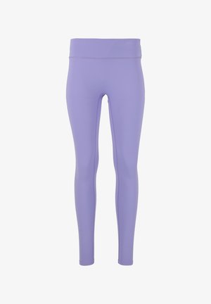 Light purple leggings with a high waistband, made of stretchy material. Smooth texture and fitted design with no visible seams or patterns.