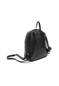 Black leather backpack with a textured surface, two adjustable straps, and a zippered closure. Compact rectangular shape with minimal hardware.
