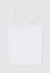 Top in camicia bianca con spalline sottili e regolabili, tessuto liscio, design semplice e scollatura rotonda. Senza motivi né decorazioni.