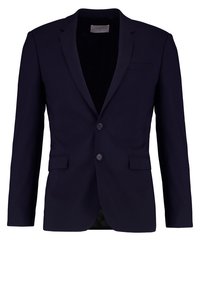 Marinblå kavaj med slagkrage, två knappar och en enda bröstficka. Sl ät tygtextur med en skräddarsydd passform.