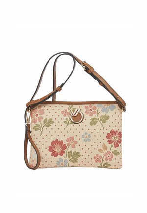 Bolso bandolera rectangular beige con estampado floral en rojo, rosa y azul, correa marrón ajustable y cierre redondo en tono dorado.