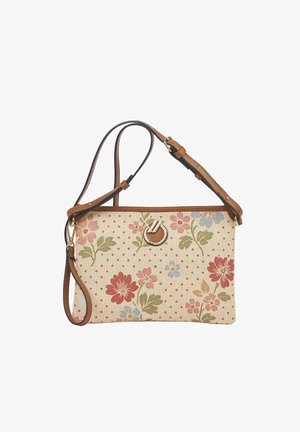 Bolso bandolera rectangular beige con estampado floral en rojo, rosa y azul, correa marrón ajustable y cierre redondo en tono dorado.