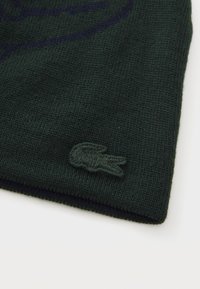 Bonnet tricoté vert foncé avec une texture côtelée et un revers, comportant un logo vert foncé brodé sur le côté.