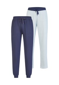 Twee paar casual broeken: één marineblauw met een taillekoord en zakken, de ander lichtblauw met verticale strepen en een vergelijkbare tailleband.