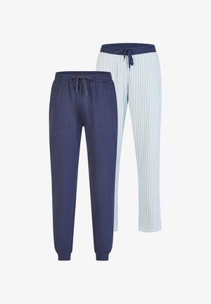 Due pantaloni casual: uno blu navy con vita regolabile con coulisse e tasche, l'altro azzurro chiaro con righe verticali e una cintura simile.