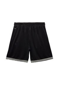 Shorts de sport noirs avec une taille élastique et des accents blancs rayés à l'ourlet. Fabriqués en tissu léger, offrant une coupe ample.