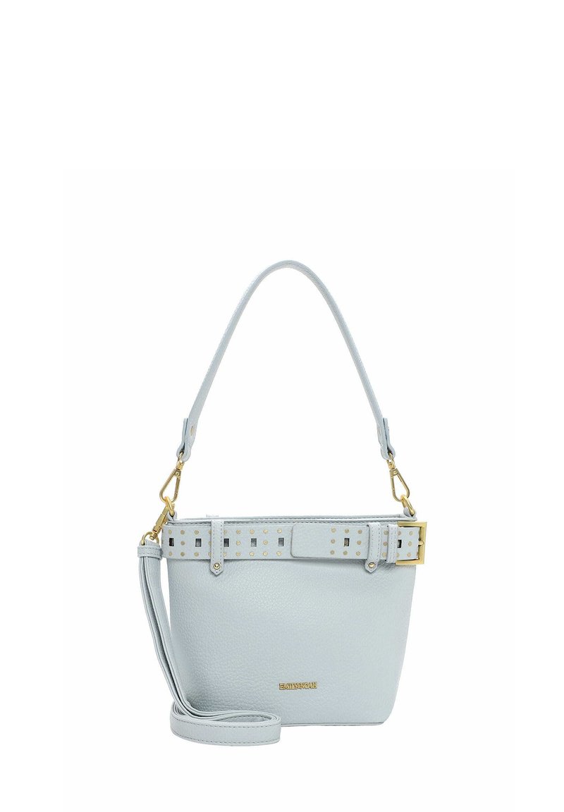 Jasnoniebieska skórzana torebka o fakturowanym wykończeniu, z paskiem zapinanym na klamrę z złotymi akcentami oraz regulowanym paskiem na ramię.