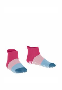 Chaussettes de cheville colorées avec une tige rose uni, un corps rayé rose et bleu clair, et un orteil bleu avec des grips en caoutchouc blanc sur le dessous.