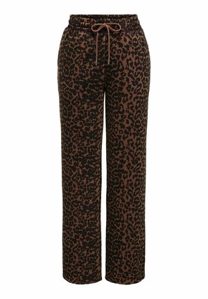Kalhoty s leopardím vzorem a pružným pasem se šňůrkou. Vyrobené z měkkého materiálu, s volným střihem a rovnými nohavicemi.
