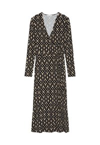 Robe portefeuille à manches longues avec décolleté en V, imprimée de carrés beiges et noirs, dotée d'une taille ceinturée et d'une jupe fluide. Tissu léger.