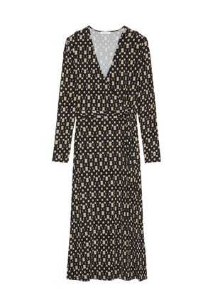 Robe portefeuille à manches longues avec décolleté en V, imprimée de carrés beiges et noirs, dotée d'une taille ceinturée et d'une jupe fluide. Tissu léger.