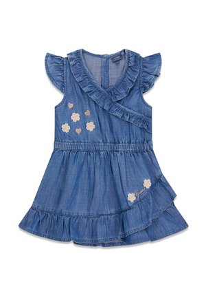 Blaues ärmelloses Jeanskleid mit gerüschten Kanten, Blumen- und Herzstickerei und einem Wickeloberteil mit elastischem Taillenbund.