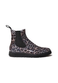 Bottines à imprimé léopard avec panneaux latéraux en élastique, semelle en caoutchouc noir et languette à l'arrière. Fabriquées en matériau brillant avec des accents texturés.