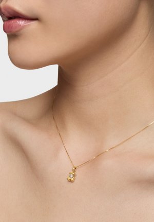 Złoty naszyjnik z małym zawieszką w kształcie kwiatu z kamieniem w centrum. Cienki łańcuszek, prosty design, spoczywający na obojczyku na nagiej skórze.