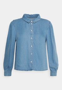 Camisa de denim azul claro com fecho de botões na frente, colarinho pontiagudo e mangas longas com ombros franzidos e punhos com botão.