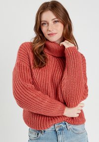 Pull en maille couleur rouille avec un col haut à côtes et de larges manches texturées. Motif épais avec une coupe décontractée ; porté avec un jean bleu clair.