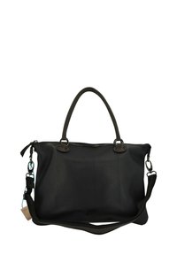 Borsa a mano in pelle nera con superficie testurizzata, doppie maniglie, tracolla staccabile e dettagli in metallo. Chiusura con zip nella parte superiore.