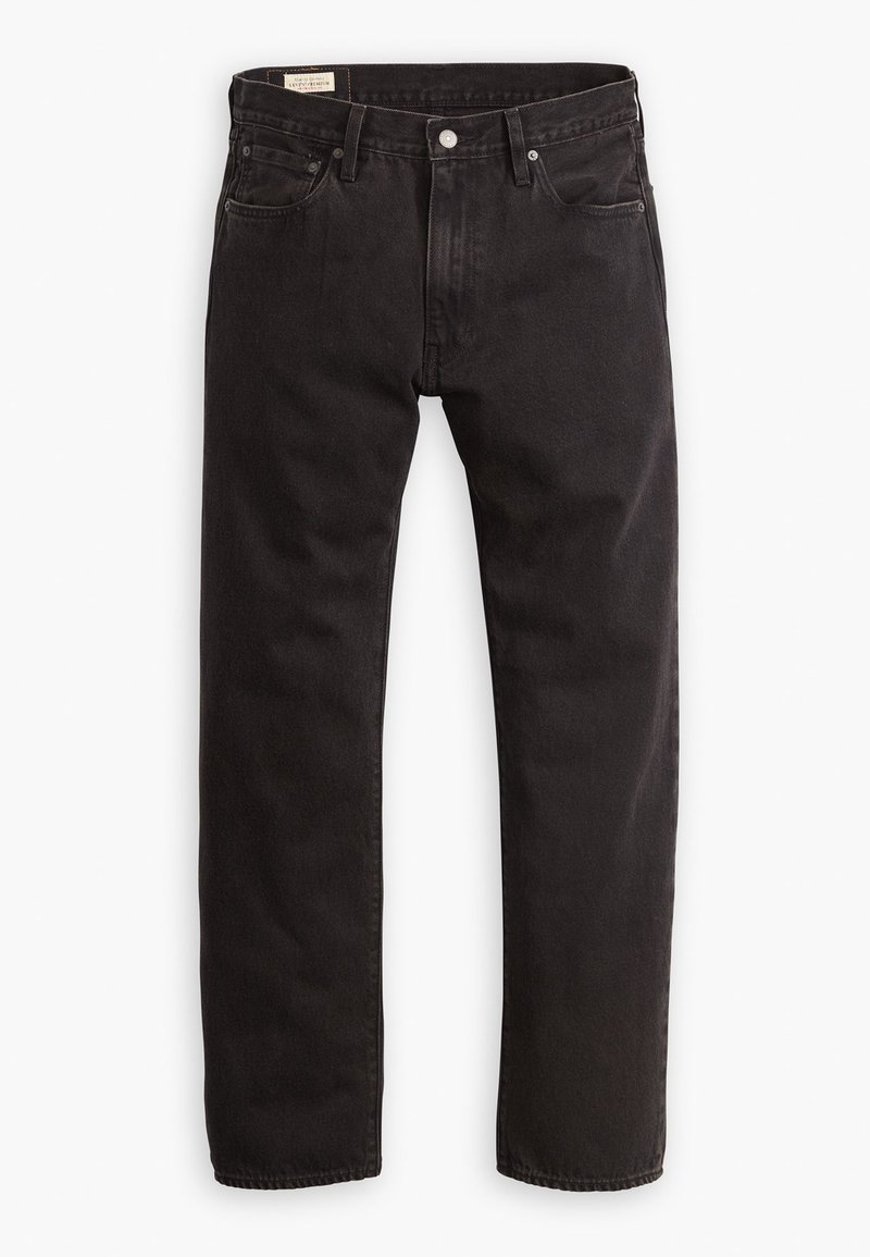 Zwarte denim jeans met een rechte pijp, voorzien van een klassiek vijf-pocket ontwerp, subtiele stiksels en een metalen knoopsluiting.