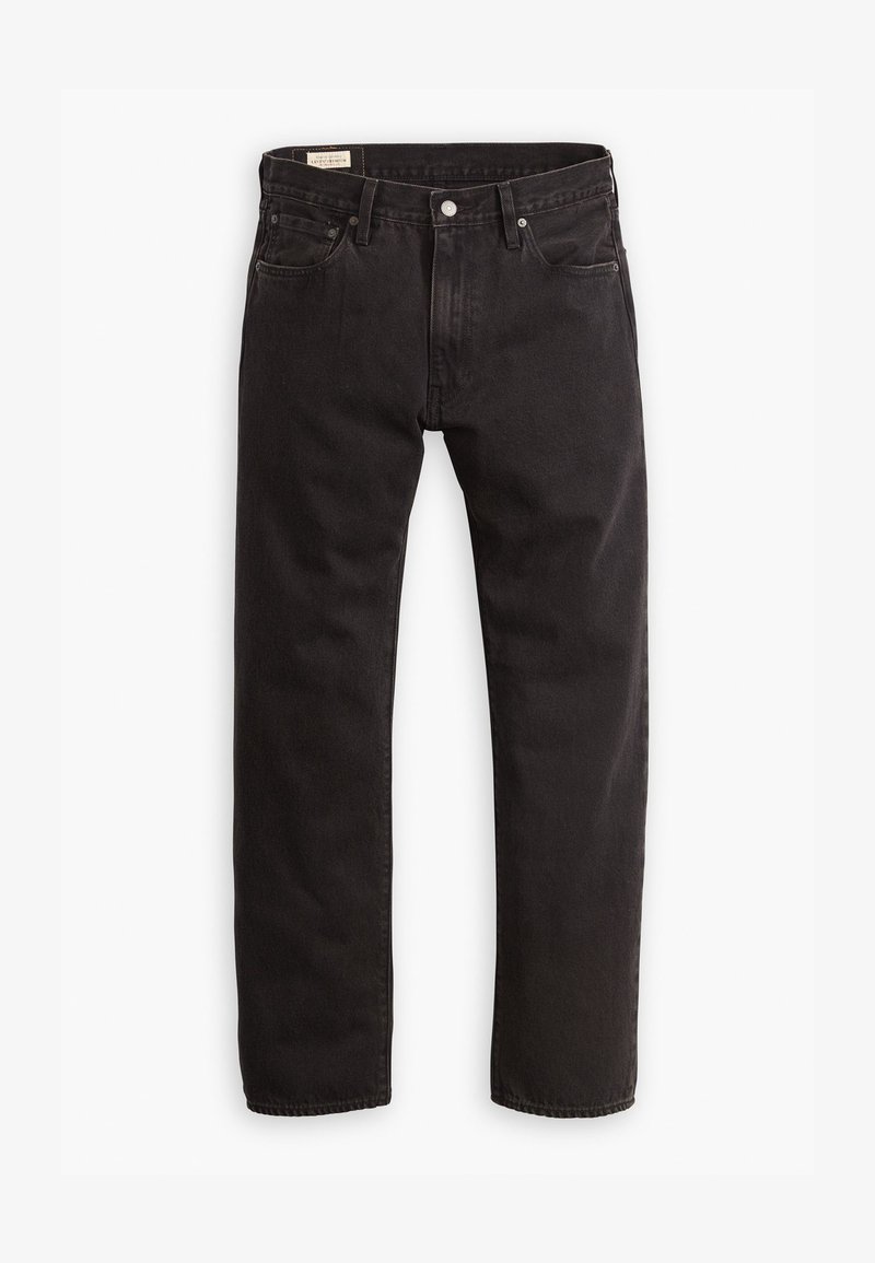 Black denim jeans with a straight-leg cut, featuring a classic five-pocket design, subtle stitching, and a metal button closure.
