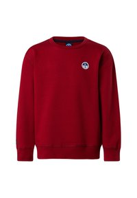 Felpa rossa in cotone, con collo e polsini a coste, adornata da un logo circolare blu e bianco sul petto.