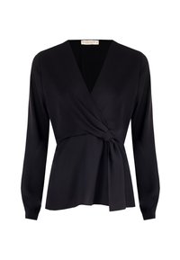 Blusa nera avvolgente realizzata in tessuto liscio, con maniche lunghe, scollatura a V profonda e un dettaglio annodato in vita.