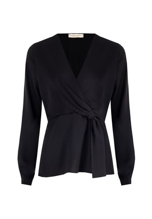 Schwarze Wickelbluse aus glattem Stoff, mit langen Ärmeln, einem tiefen V-Ausschnitt und einem geknüpften Detail an der Taille.