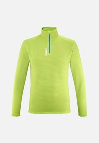 Pull-over à manches longues et à fermeture zippée quart, de couleur vert lime vif, avec un tissu texturé, présentant une fermeture éclair bleue et le logo "Millet" en blanc sur la poitrine.