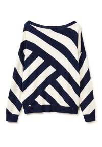 Pletený svetr s designem na jednom rameni v námořnické modři a krémové barvě, s diagonálními pruhy a žebrovanými manžetami a lemem.