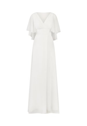 White long dress featuring a v-neck, pleated bodice, and flutter sleeves. Made from lightweight fabric with a smooth texture.