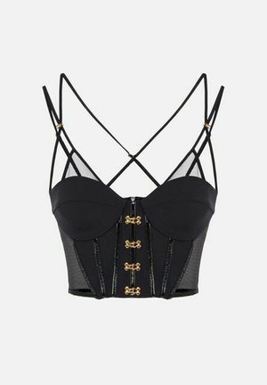 Top bustier nero corto con chiusure a gancio dorate, pannelli laterali trasparenti e doppie sottili bretelle regolabili incrociate sul retro.