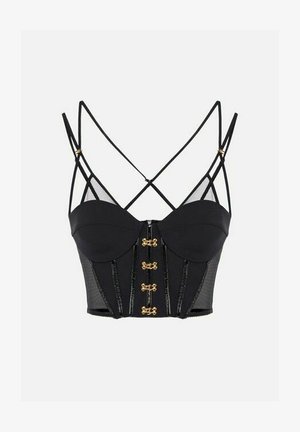 Top bustier nero corto con chiusure a gancio dorate, pannelli laterali trasparenti e doppie sottili bretelle regolabili incrociate sul retro.