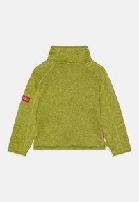 Grüner Fleece-Pullover mit hohem Kragen, Raglanärmel und seitlichen Schlitzen. Mit einem kleinen norwegischen Fahnenaufnäher am linken Arm.