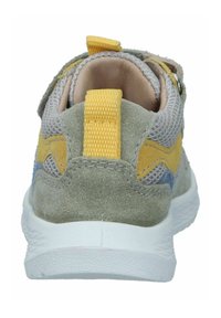 Gray and yellow children's sneaker with a textile upper, mesh panels, a suede heel, and a white rubber sole. Rear pull tab for easy wear.