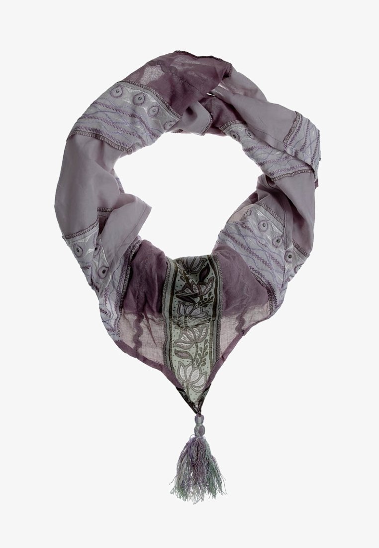 Écharpe violet clair avec des motifs de broderie floraux et circulaires, pliée en boucle avec un pompon suspendu à l'extrémité pointue.