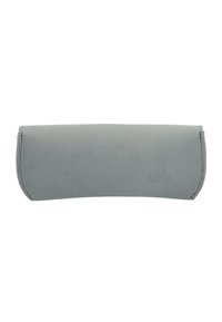 Soft grey leather glasses case with a rounded shape, smooth texture, and visible stitching along the edges. No hardware accents.