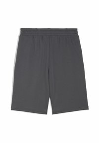 Shorts de sport gris en tissu doux, avec une ceinture élastique et des ourlets cousus, coupe droite sans poches.